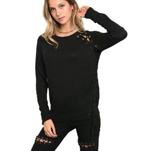 Black Long Sleeve Side Lace Up Sweater